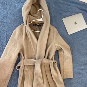 ZARA Beige Hooded Wrap Coat Medium Wool Blend Belted Longline